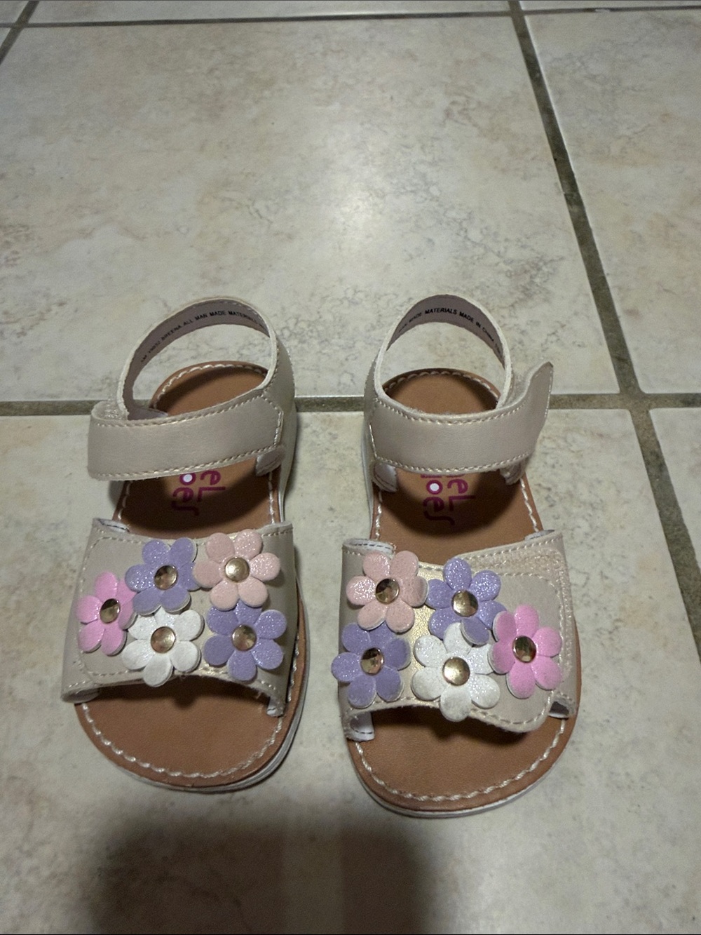 Girls Beige Sandals with Pastel Flower Accents